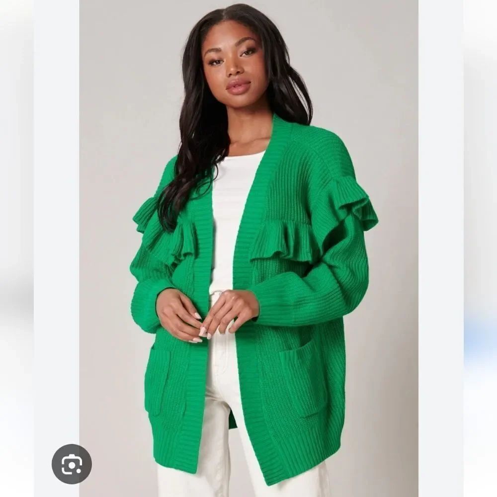 Sugar + lips Cardigan Womens SMALL NWT Jolie Ruffle Open Front Primary GREEN